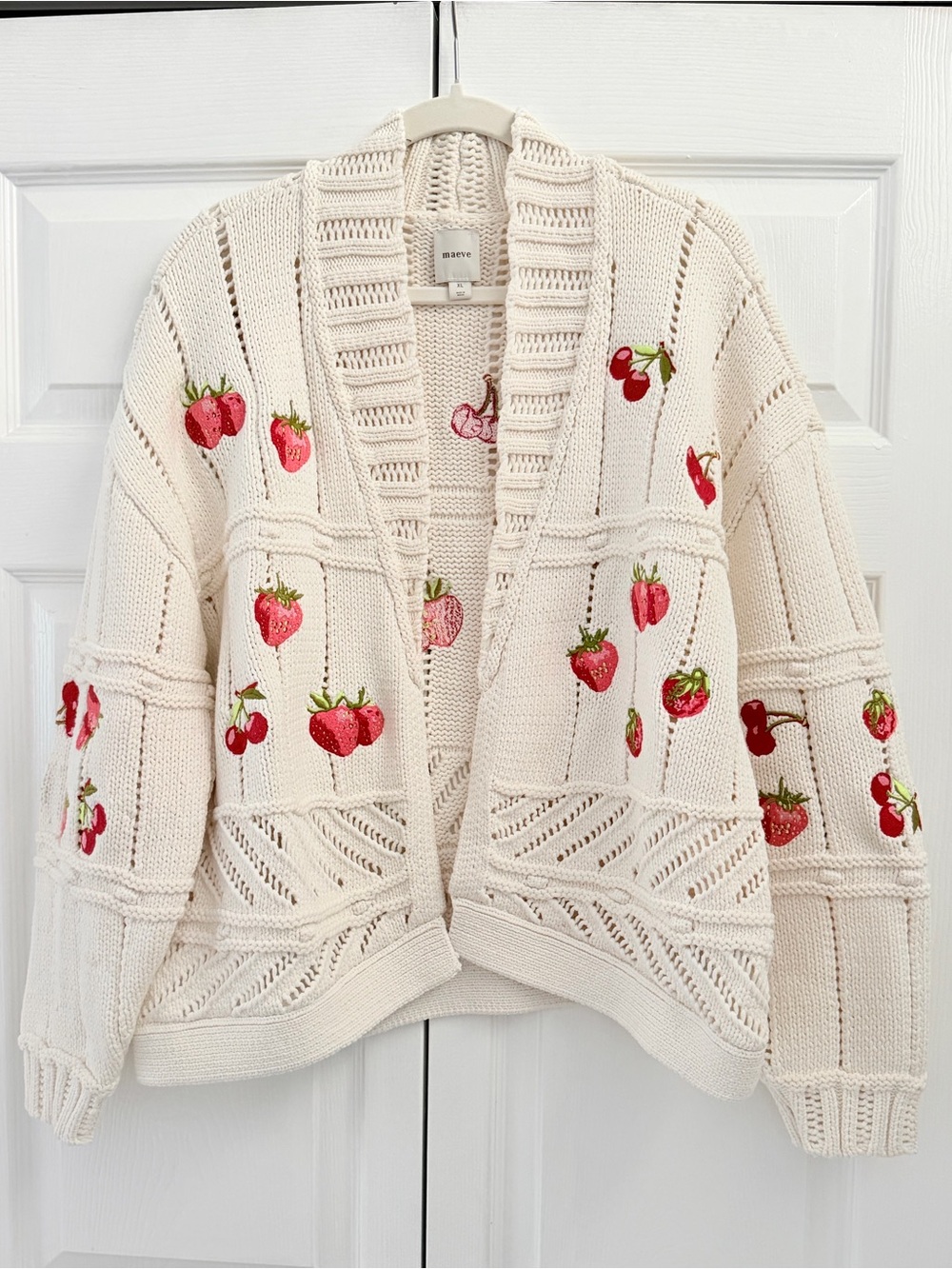 Anthropologie Maeve Embroidered Icon Cardigan Sweater Strawberry Cherry XL NWT